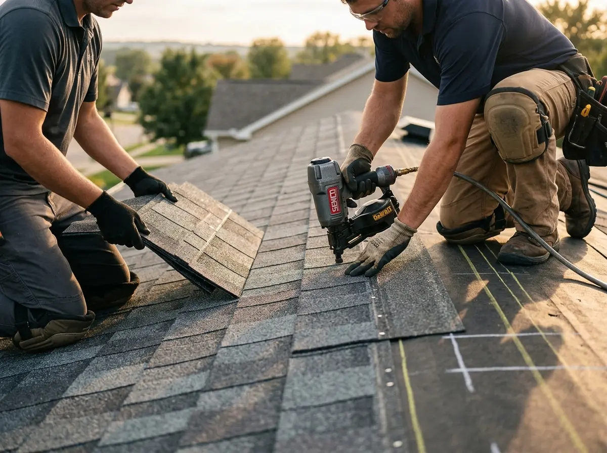 Professional roofer working on a residential roof in Callaway